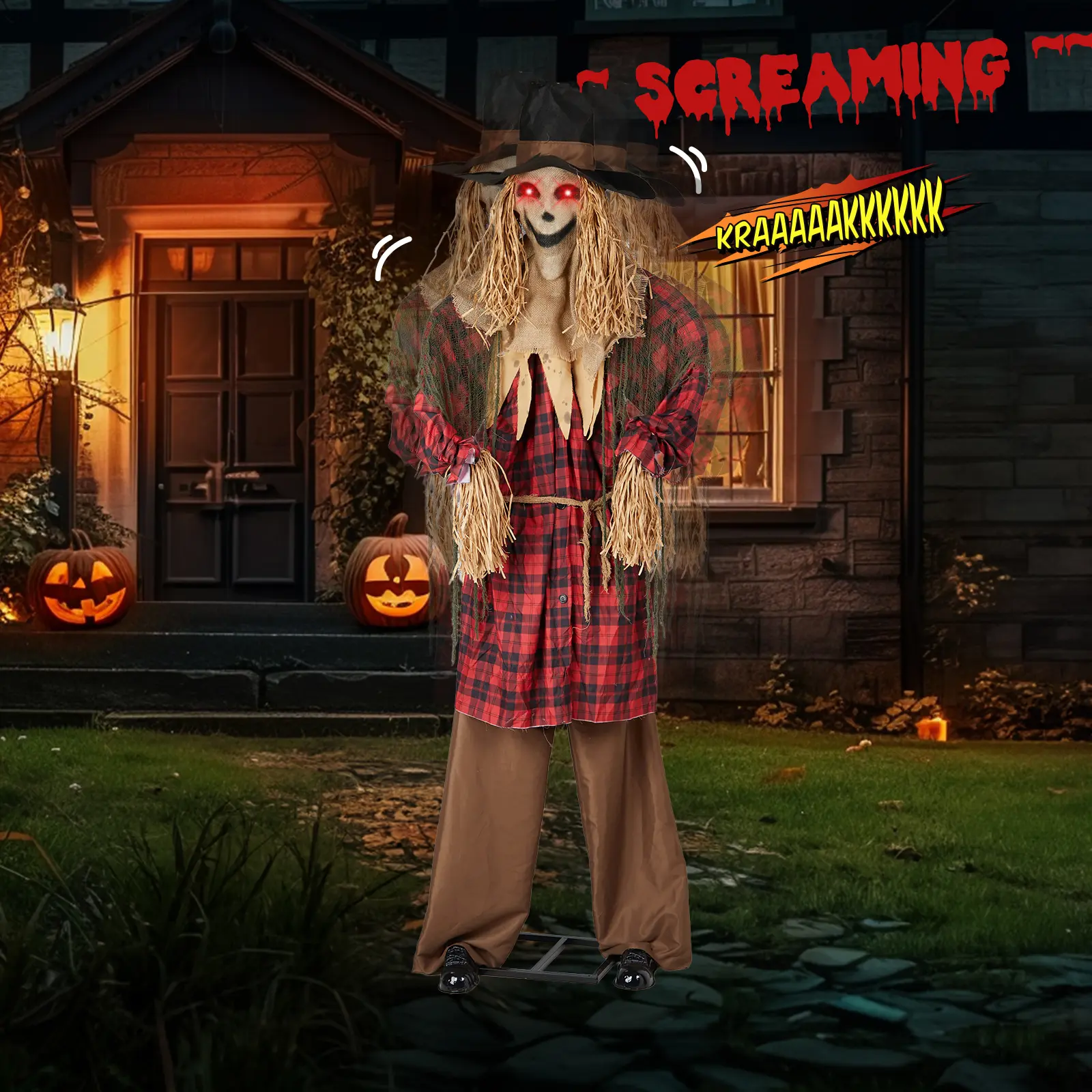 Life Size Sound Activated Halloween Animatronic Decor, Light Up Eyes Creepy Sound Horror Props, Battery Operated Scary Clown/Scarecrow/Ghost Girl/Werewolf, Outdoor Yard Haunted House Decorations