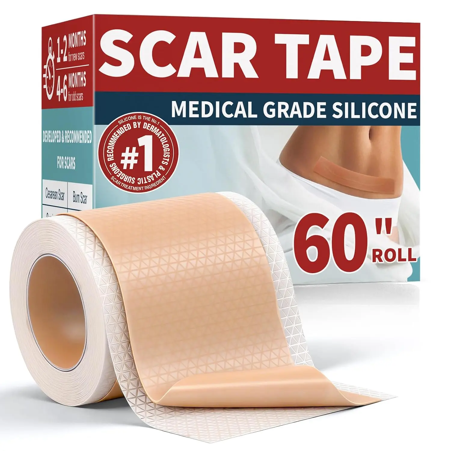 Reusable Silicone Scar Tape Roll Kit, 1.6in x 60in, Easy-to-Cut First Aid Tape for Surgical, C-Section Scars