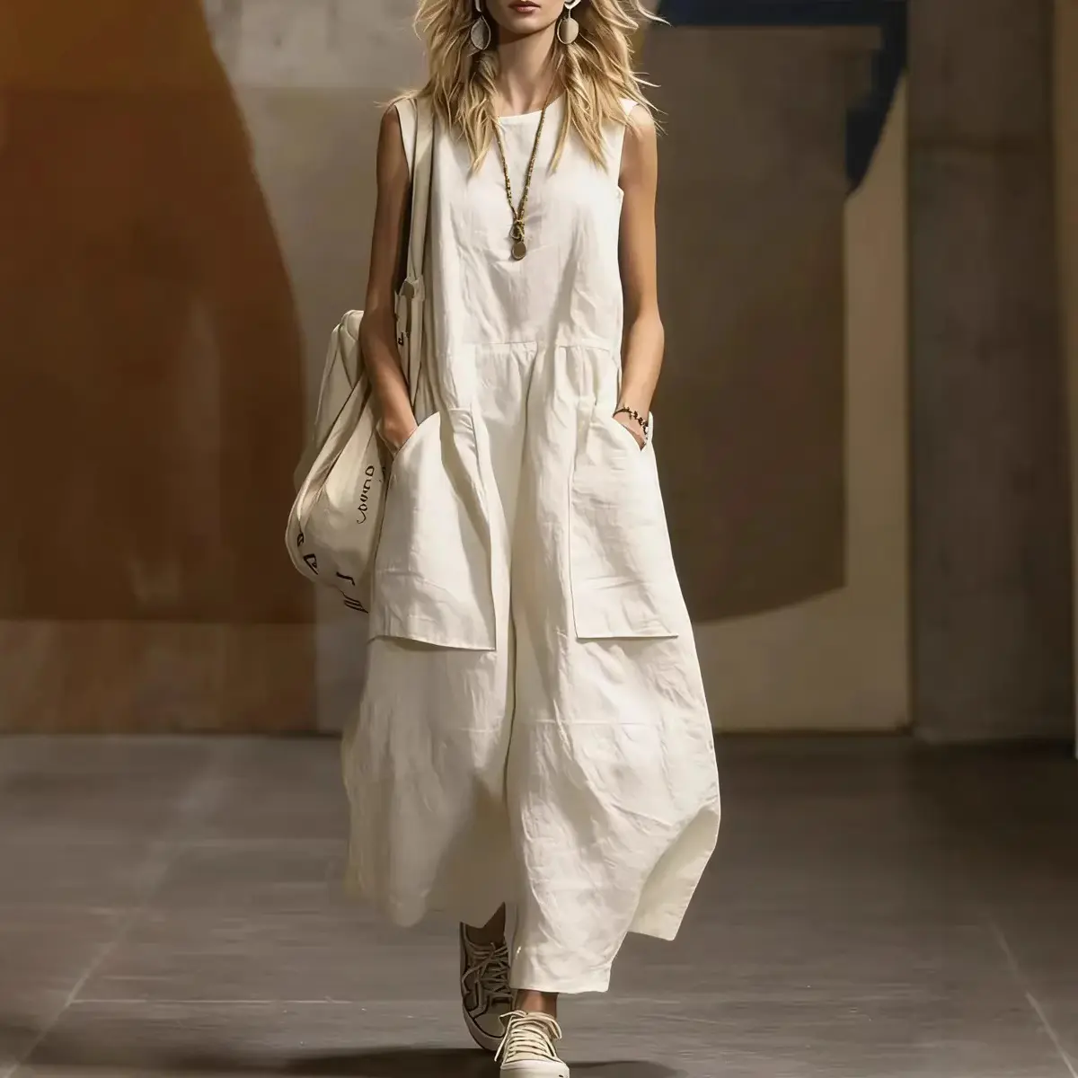 Exquisite Women's Summer Casual Cotton Blend Dress Sleeveless Loose Fit Midi Pockets Elegant Textured Breathable Sundress Everyday Wear Beach, Formal, Versatile, Comfort, Style, Trendy Chic Premium Quality Look Style