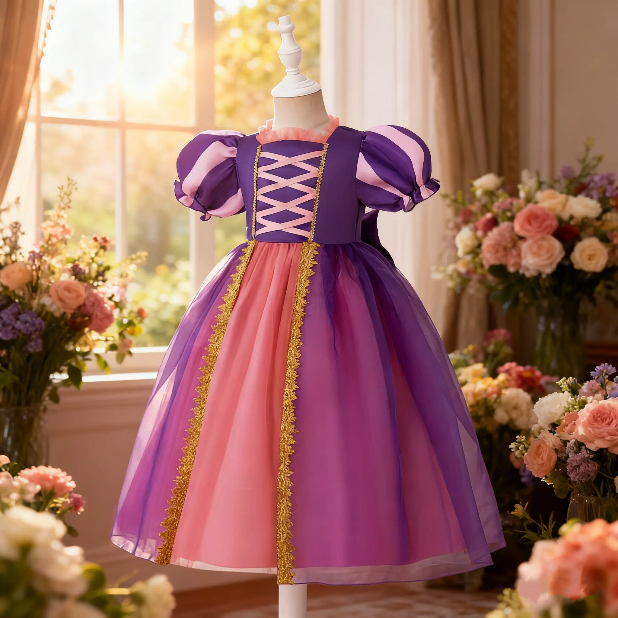 099 Fancy Girl Dress Party Princess Repunzel Tutu Birthday Kids Clothes Purple Gown Girl Kids Princess Dresses Birthday Clothes, 100/18-24M, 110/2-3Y
