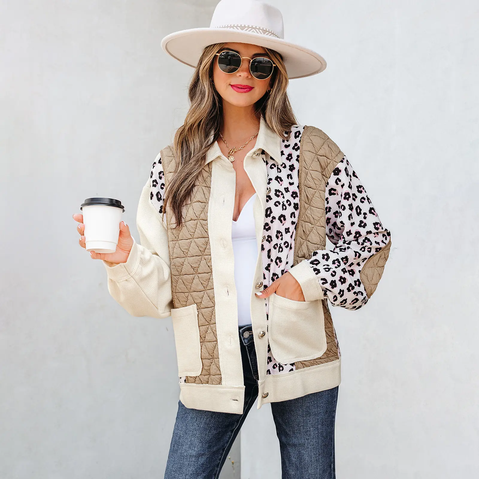 Dear-Lover Women's Casual Loose Collared Leopard Print Patchwork Waffle Quilted Button Front Coat with Pockets, Long Sleeve, Animal Print