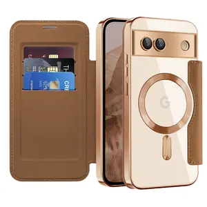Luxury Leather Wallet Card Clip Magnetic Clear Phone Case for Google Pixel 10 9 Pro XL 8A 7A Plating Wireless Charge Flip Cover