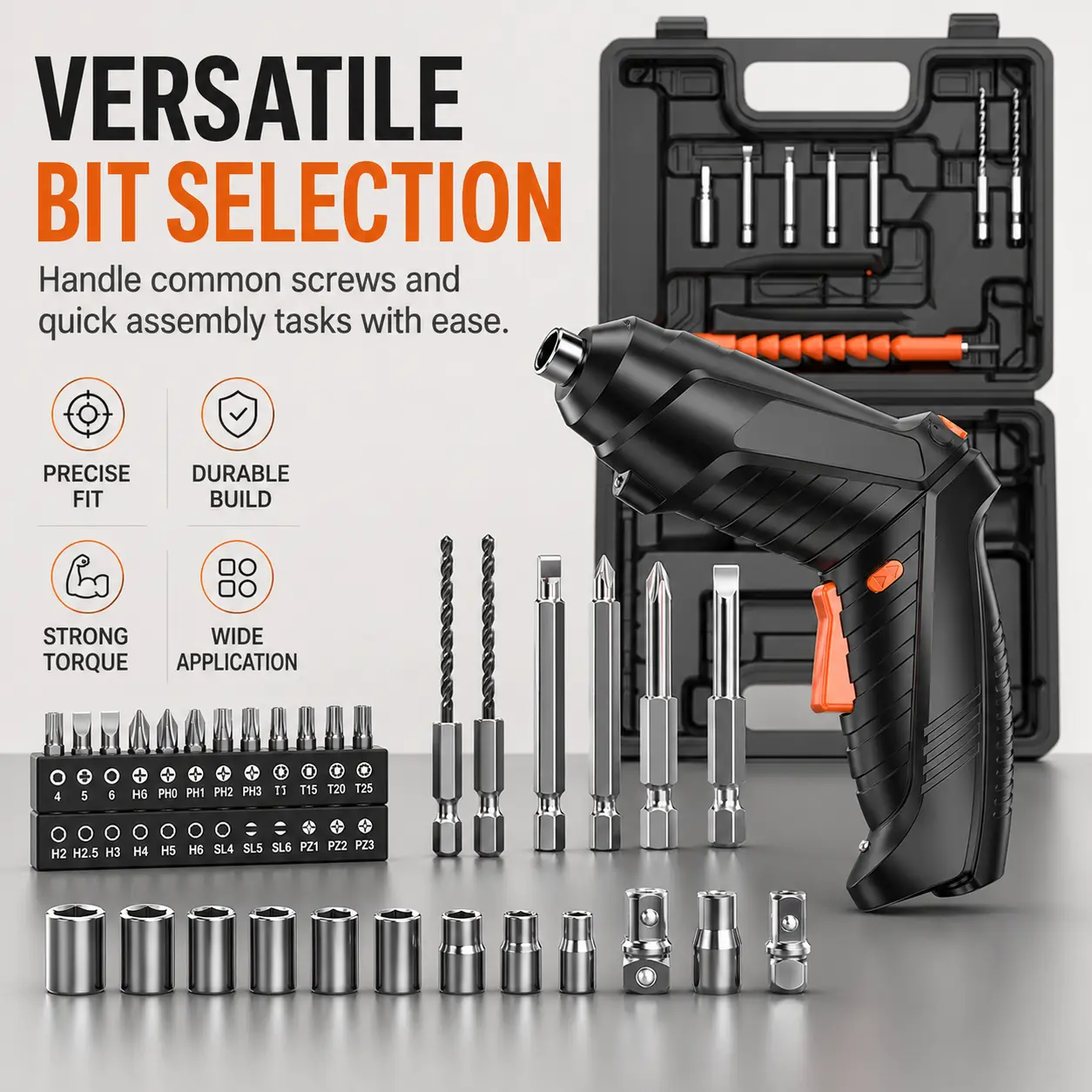 47-Pcs Cordless Power Screwdriver Set – USB Rechargeable Mini Drill for Home Furniture Assembly – Includes Precision Bits & Extension Rod – Ergonomic Handle for IKEA Installations & Electronics Repair – Compact Toolkit for DIY Enthusiasts