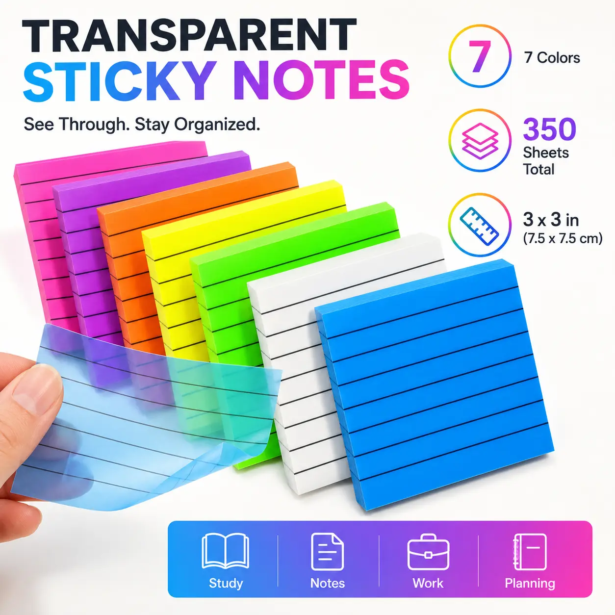 350 Sheets / 7 Pads Transparent PET Sticky Notes, Lined Clear Sticky Notes for Book Annotation, Study, Office, School & Planner Supplies