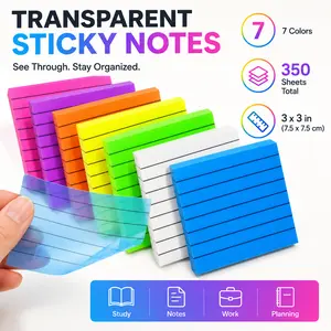 350 Sheets / 7 Pads Transparent PET Sticky Notes, Lined Clear Sticky Notes for Book Annotation, Study, Office, School & Planner Supplies