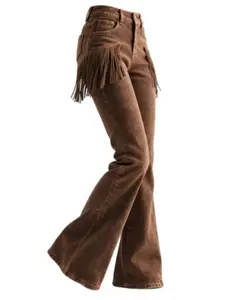 Vintage Flared Pants, Warm, Fitted, Side Fringe Design, High Waist Micro Flare, Long Leg Look, Casual Streetwear