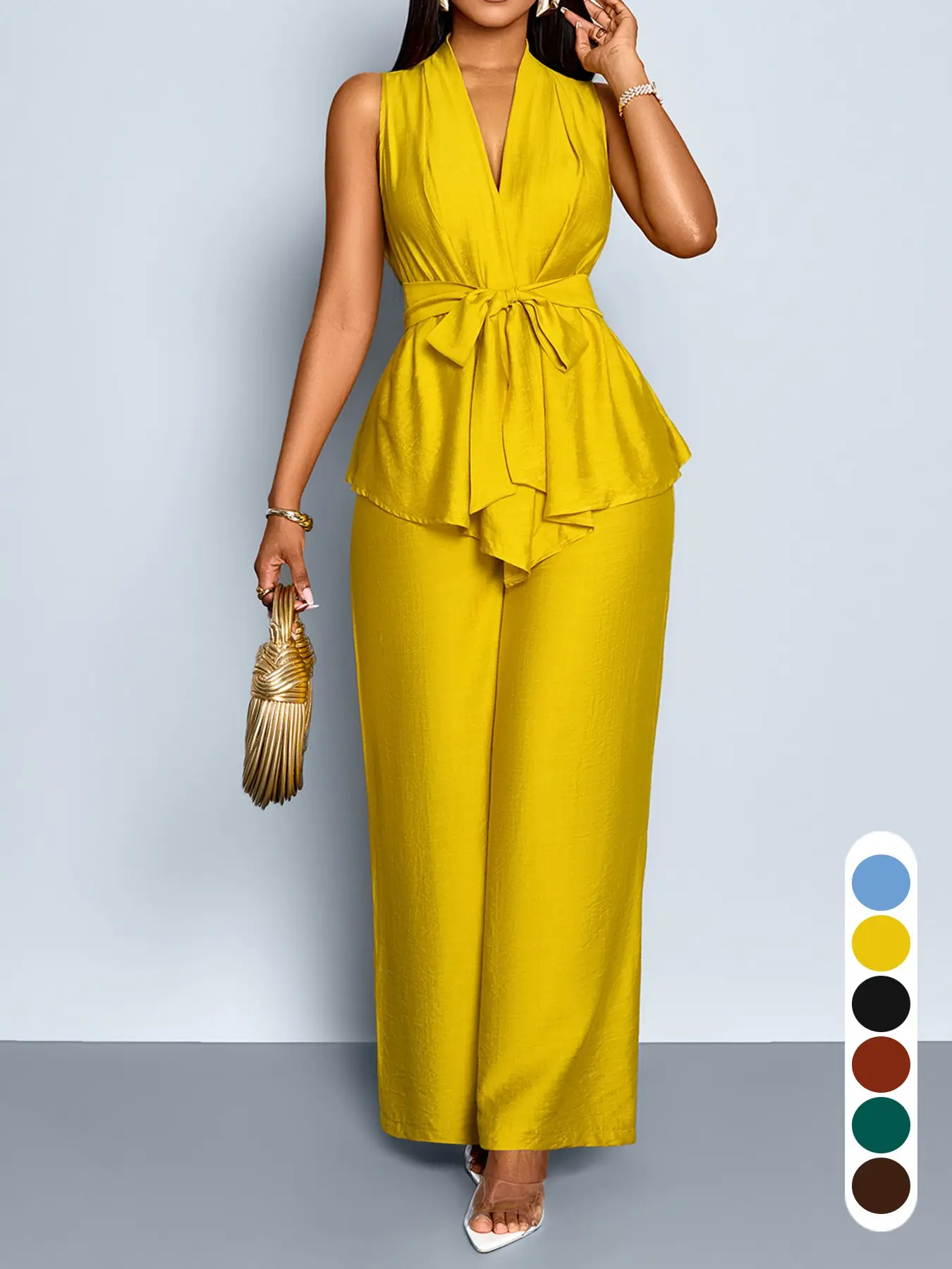 Women's Summer Casual Chic Style Two-Piece Set, Deep V Neck Sleeveless Flowy Blouse & High Waist Wide Leg Pants, Drawstring Bowknot Design, Daily Wear