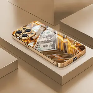 Fashionable Creative Dollar Pattern Design Electroplated Gold Anti-drop Glass Phone Case,for iPhone 17 Pro Max Phone Case 17 Air 16E 16 Pro Max 15 Pro Max 15 Plus 14 Plus 13 12 11 Phone Cases