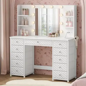 HAUOMS Vanity with Lights and Mirror, 11 Drawer Makeup Vanity with Power Strip, 6 Open Shelves, 43.3” Vanity Desk with Storage, Dressing Table with 3 Color Modes for Bedroom, Women, Girls