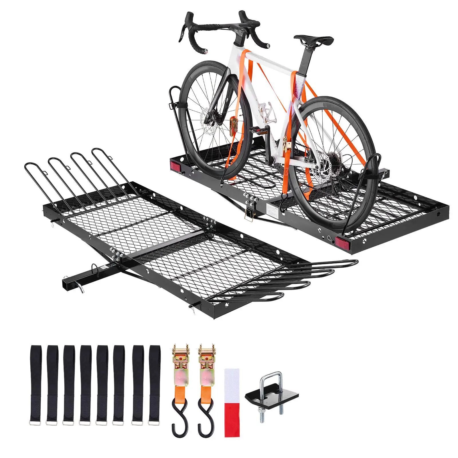 Convertible 4-Bike Hitch Cargo Carrier Bike Rack - Powder-Coated Carbon Steel Rear Luggage Basket, 62x27x3 in Mesh Base, 2 in Receiver Fit, 500 lbs Capacity, Ratchet Straps, Reflective Strip for Road Trips, Off-Road Use