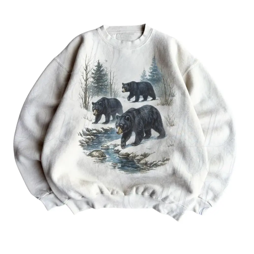 Menswear Classic Comfy Ribbed 90s Retro Black Bears Wilderness Sweatshirt, Vintage Brown Bear Boho Unisex Nature Wildlife Crewneck Garments, Pullover, Cotton, Tops, Knit, Round Neck, Fabric, Polyester, Crewneck Sweatshirt