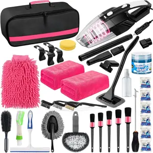 41Pcs Car Cleaning Wash Kit Interior Detailing Cleaner Kit with High Power Handheld Vacuum, Collapsible Bucket, Windshield Tool, Snow Shovel, Tire Brush, Complete Car Care Tools, Pink