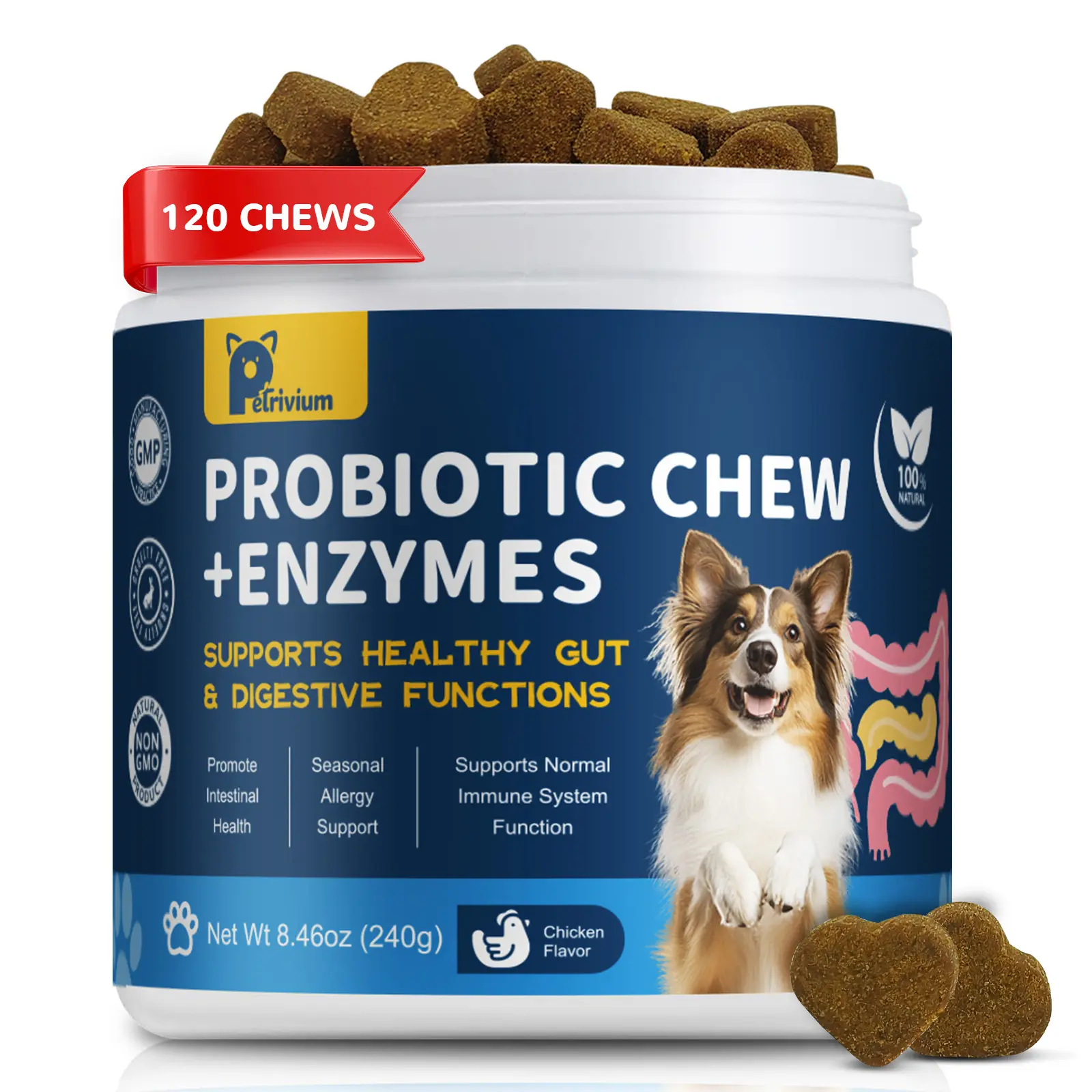 Petrivium Probiotics for Dogs Digestive Health, Natural Probiotic Supplement with Digestive Enzymes and Prebiotic, Probiotic Chews for Dogs Support Gut Health, Relieve Diarrhea, Enhance Immunity