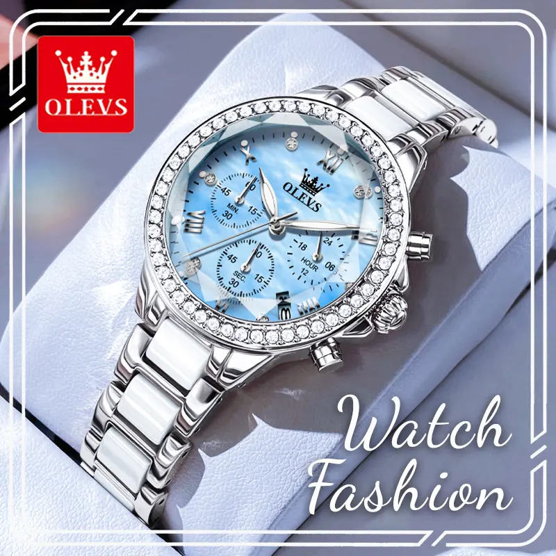 OLEVS Women's Elegant Quartz Wristwatch, White Ceramic Steel Bracelet, Blue Mother of Pearl Dial, Rhinestone Bezel, Luminous Hands, Elegant Wristwatch, Quartz Dial, Fashionable Analog Watch, Female Watches, Water Resistant, Deployment Clasp, Rose, Date, 3