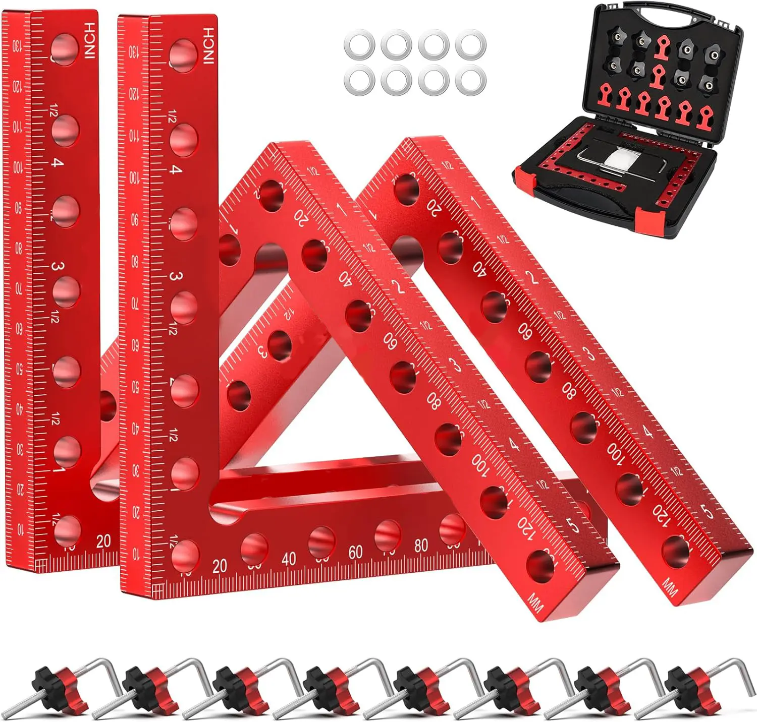 90 Degree Right Angle Corner Clamp, 4 Pack 5.5 Inch Aluminum Alloy Woodworking Positioning Clamping Square Tool with Storage Box, Carpenter Locating Clamp for Picture Frames Boxes Cabinets Drawers, Practical Gifts for Men Dad