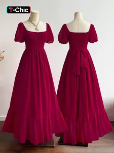 Women's Bohemian Vacation Elegant Chic Casual Waist-Tied Chiffon Woven Floral Long Short Sleeve Ruffle Hem Ruffled Dress, All Seasons Fitted Style