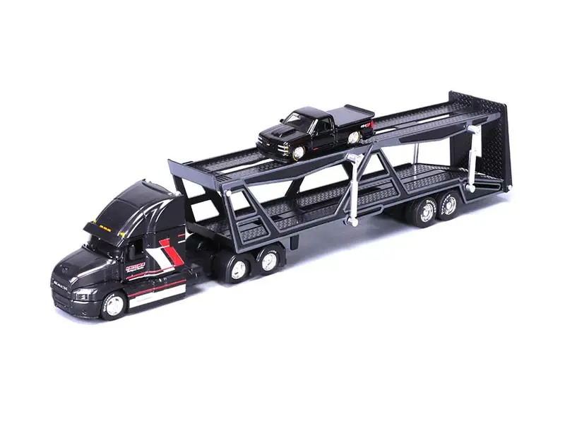 Maisto 11454BK Collectible Diecast Car Model - 1:64 Scale Truck Carrier, Mack Transporter Open Trailer with 1993 Chevrolet 454 SS Black Pickup (Design Transporters)