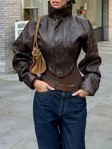 Women's High Neck Solid PU Leather Jacket, Slim Fit Short Zipper Coat, Fall & Winter Fashion Outerwear, Casual Chic Stylish Design, Womenswear