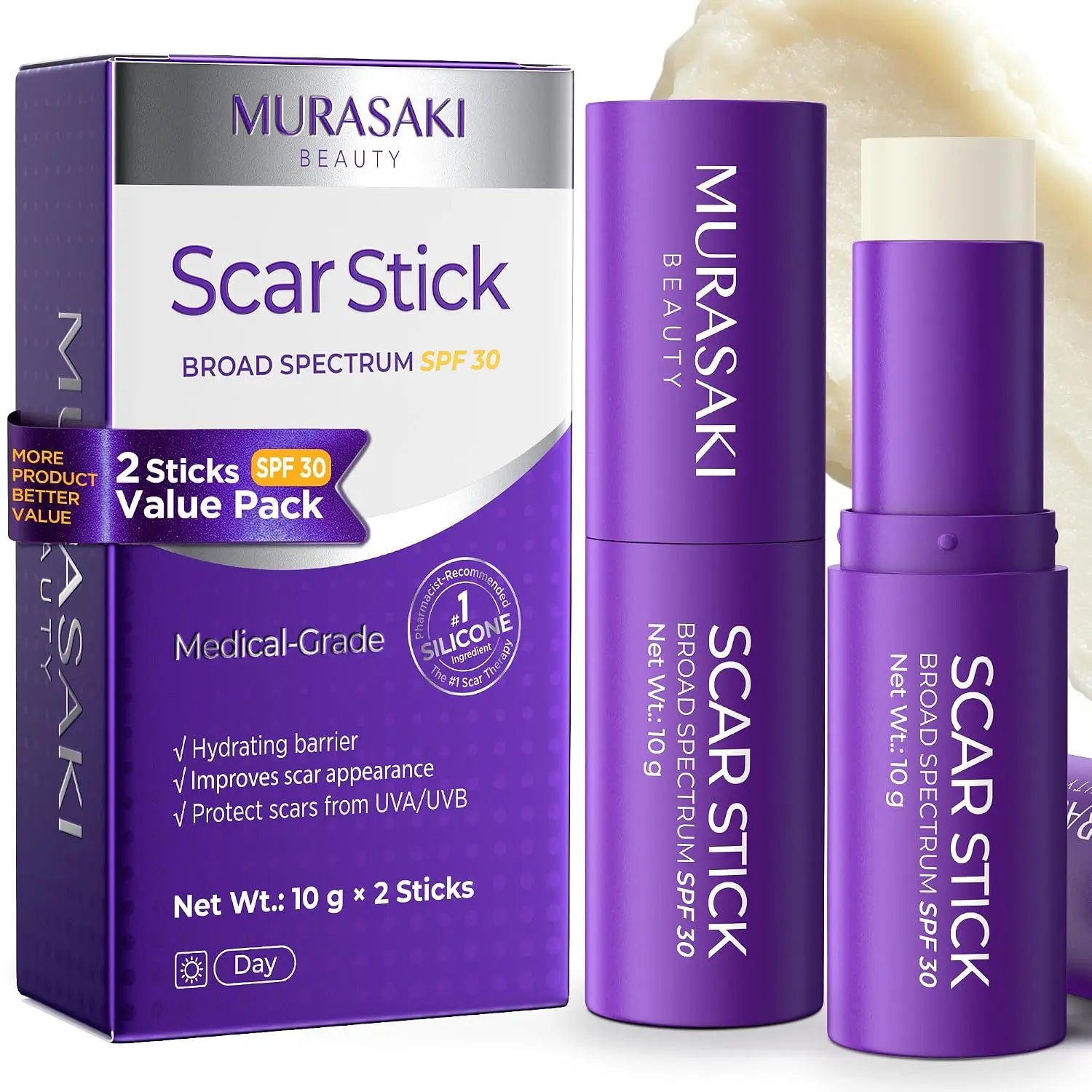 Murasaki Beauty Silicone Scar Stick SPF 30 - Scar Care Stick for Surgical Scars, C-Section, Burns, Stretch Marks & Acne Marks with Silicone, Vitamin E & Botanical Oils, 10g x 2 Sticks