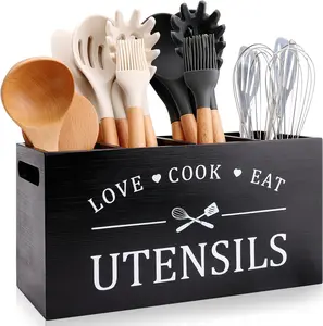 Black Farmhouse Utensil Holder for Kitchen Counter Extra Large Cooking Utensil Holder Caddy Utensils Storage Organizer