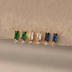 Baguette Birthstone Drop Studs by Caitlyn Minimalist - Custom Gemstone & Diamond Stud Earrings - Dainty Crystal Earrings - Art Deco Jewelry - Birthday Gift for Her