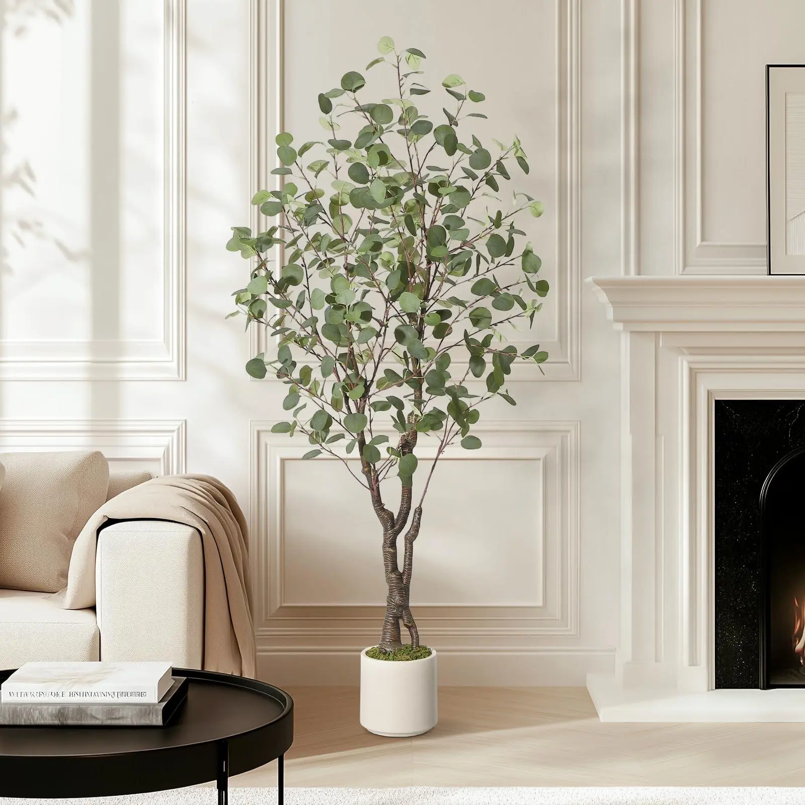 Artificial Eucalyptus Tree Indoor with White Planter | 5 ft Tall Fake Artificial Plant，Large Faux Floor Plant Fake Silk Trees Artificial Trees for Home Decor Indoor