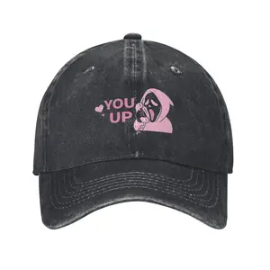 Vintage Washed Black Dad Hat, Ghostface "You Up" Print Baseball Cap, Y2K Streetwear Snapback Hat for Men & Women