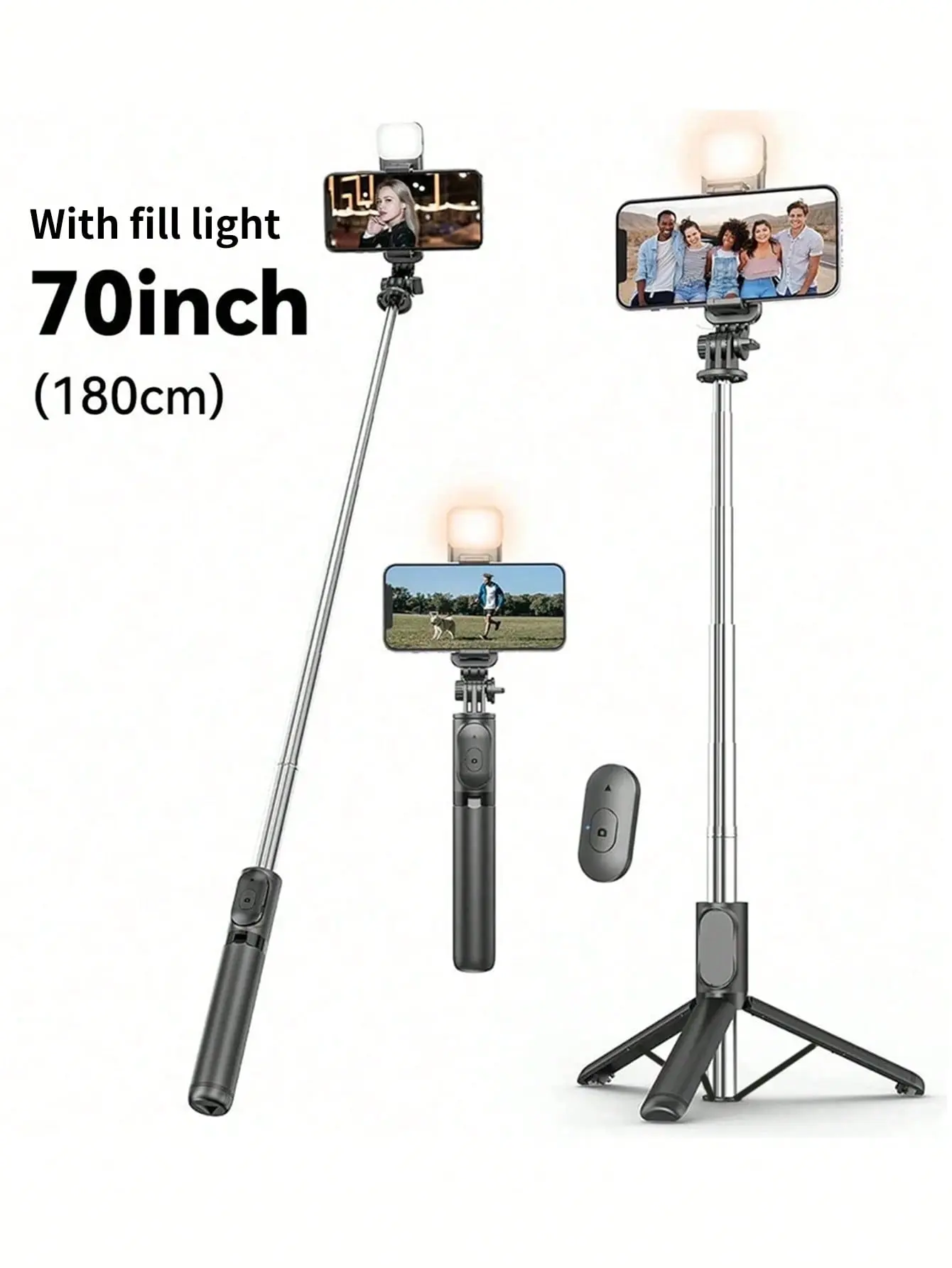67" Selfie Stick Tripod with Fill Light, Reinforced Stable Phone Tripod with Remote, Portable Extendable Stand for iPhone & Android, Perfect for Travel & Vlogging, Portable for Travel, Vlogging, Live Streaming Cellphone Smartphone