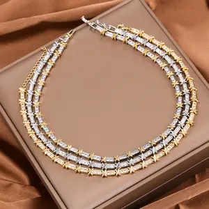 BEFAERON  Women's Two-Tone Gold Silver X-Link Choker Necklace, Baguette Cubic Zirconia CZ Tennis Chain, Minimalist Stackable Statement Jewelry for Everyday Wear & Party Gifts for girlfriend, wife, and mother