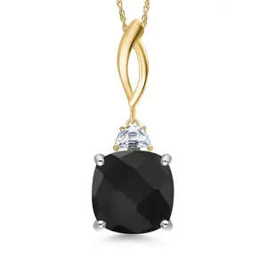Gem Stone King 925 Silver and 10K Yellow Gold Black Onyx and White Moissanite Pendant Necklace for Women | 5.73 Cttw | Gemstone December Birthstone | Cushion Checkerboard 12MM | With 18 Inch Chain