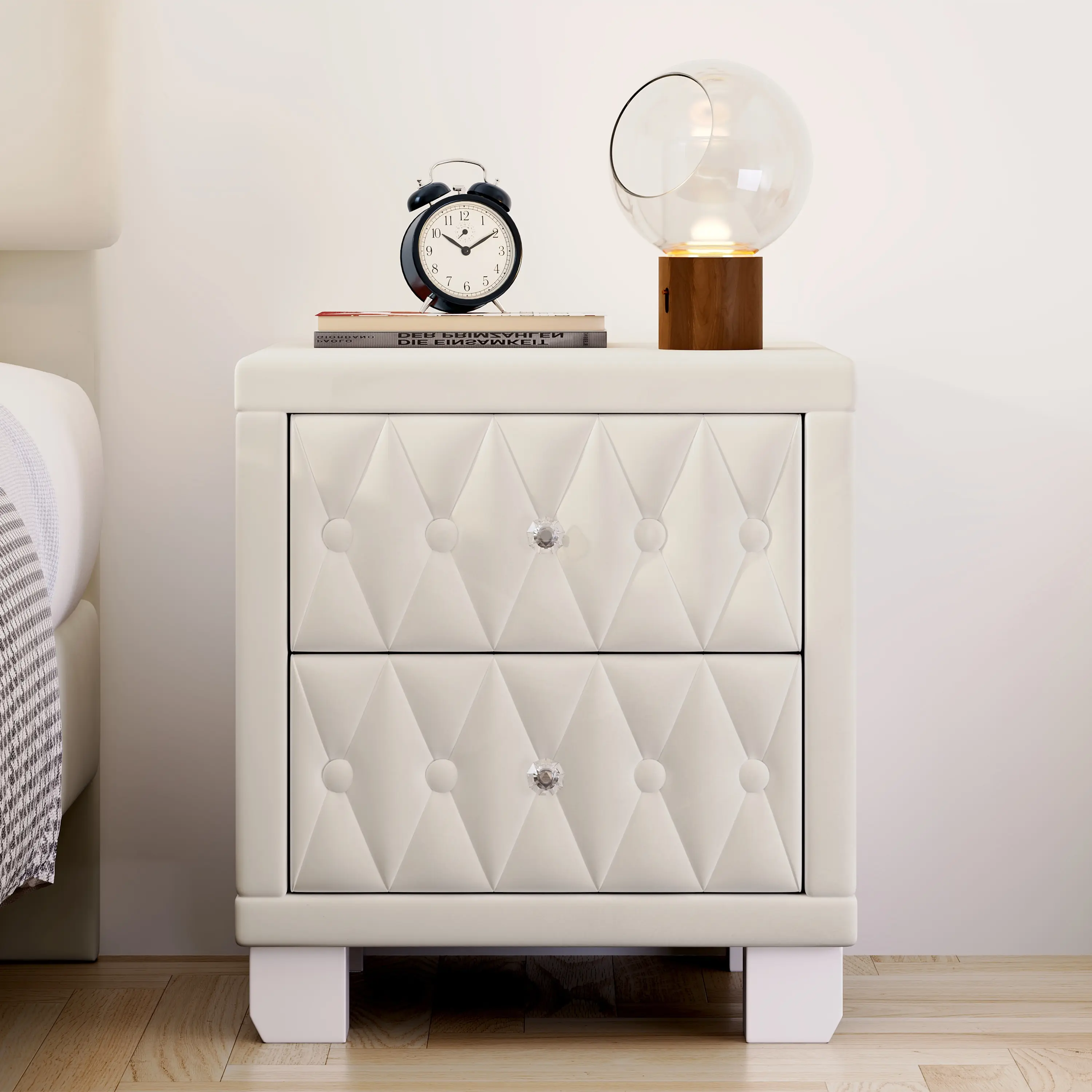 XUAN Luxury Velvet Finish Bedroom Nightstand - Durable and Sturdy Bedroom Decor Side Table with 2 Drawers, Crystal Knob Handles, Button Tufting, Chic Look, 18.1"x18.1"x20" Storage Bedside Table, Assembly Required, Two Drawers