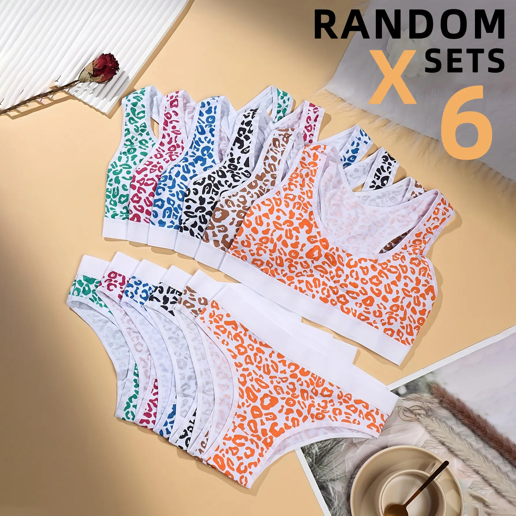 Women's 6-Set Random Leopard Print Underwear Undergarments - Wide-Strap Vest + Panties, Pure Cotton Fabric, Soft, Comfortable, Breathable, Colorful, Cute for Girls (Mesh Accents Included)