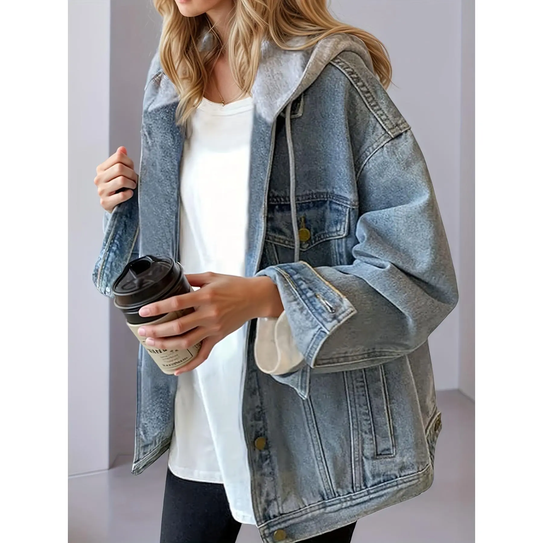 Women's Retro Baggy Denim Jacket - Lightweight Oversized Hooded Outerwear, Everyday Casual Long Sleeve Layering Piece, Hoodie