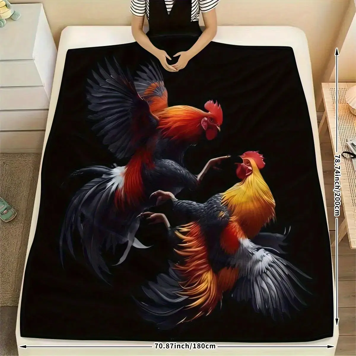 Combat Roosters Flannel Throw Blanket - Soft, Warm, Breathable Polyester Blend, Flat Weave, All-Season, Durable, Eyecatching Design, Ideal for Couch/Bed, Perfect Gift for Farmers, Home Decor Bed Cover