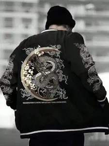 Men's Dragon Graphic Print Pocket Button Casual Jacket, casual fitted jackets, Regular Fit Punk Fashion Long Sleeve Outerwear for Daily Outdoor Wear, Men Clothes for Spring & Fall