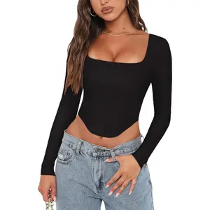 Womens Trendy Sexy Square Neck Long Sleeve Backless Y2K Going Out Boned Bustier Corset Crop Tops