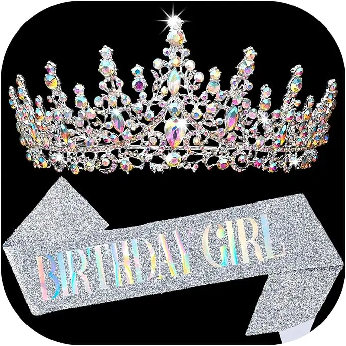 BIRTHDAY GIRL Sash for Women Happy Birthday Sashes and Crowns for Girls Crystal Tiaras for Princess Silver Party Decoration for Gift Headband Supplies Accessories