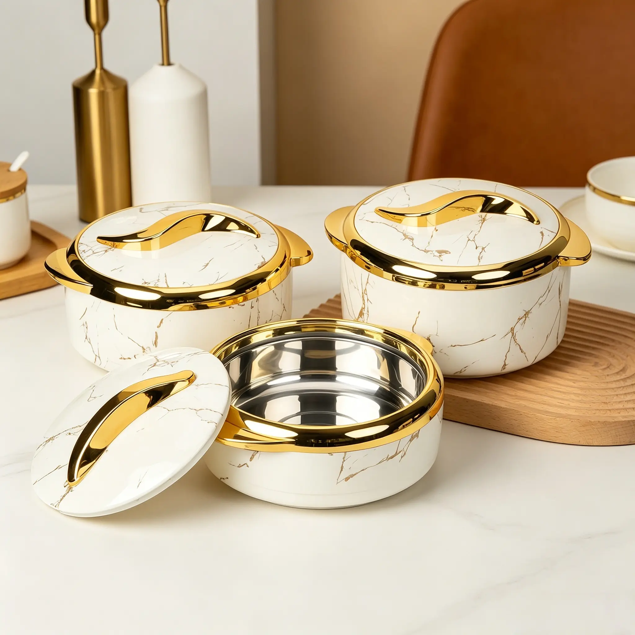 3Pcs Luxury Gold Marble Thermal Insulated Food Bowl Set - Double-Wall Heat Preservation Pots with Lids for Home, Festive Party Gifting