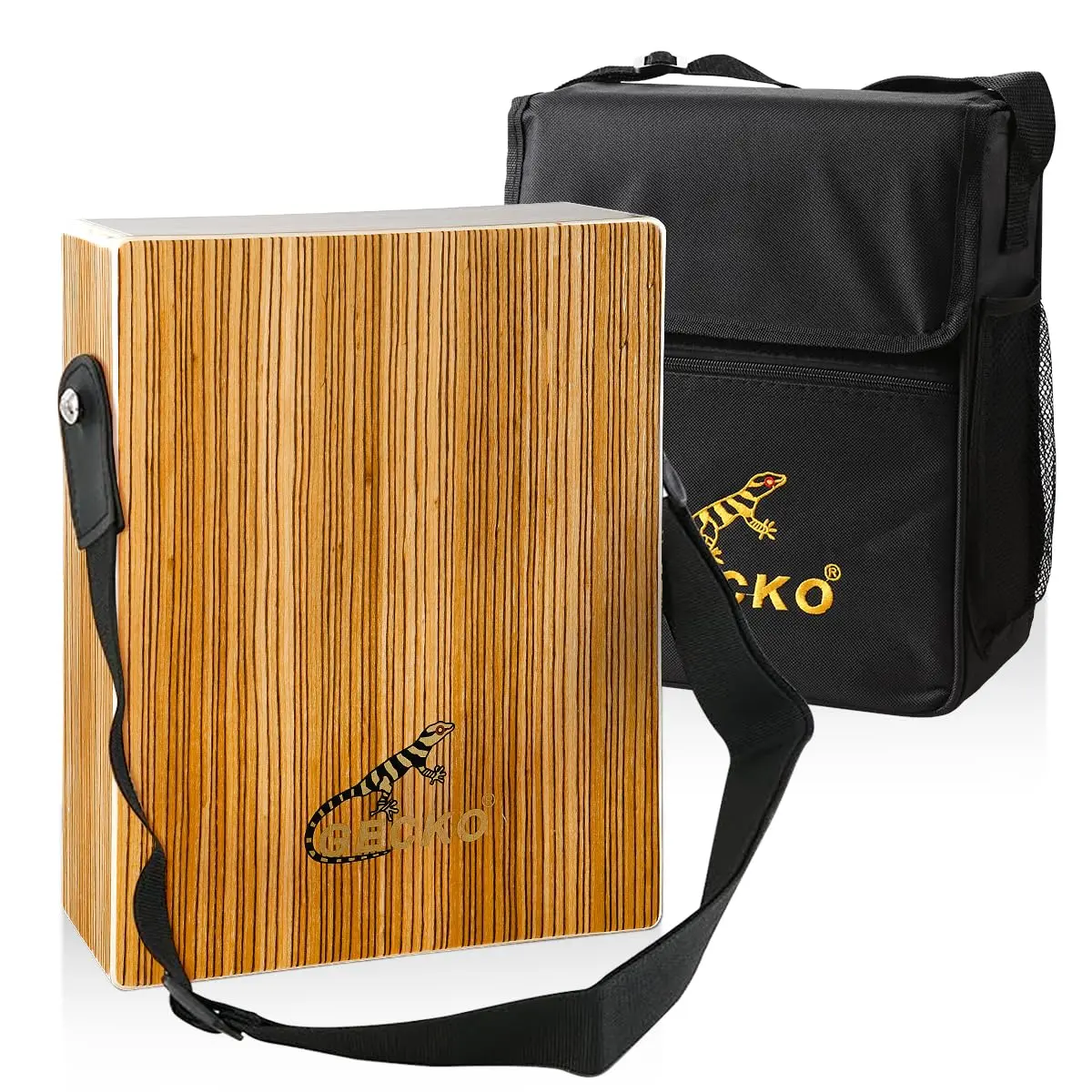 GECKO Travel Wooden Birch Wood Cajon Box Drum - Hand-Crafted Percussion Instrument with Adjustable Guitar Strings, Hex Key Fine-Tunes Tension, 3.59 lbs, 13.62x11.18x5.24in, Padded Shoulder Strap Carrying Bag for Shows