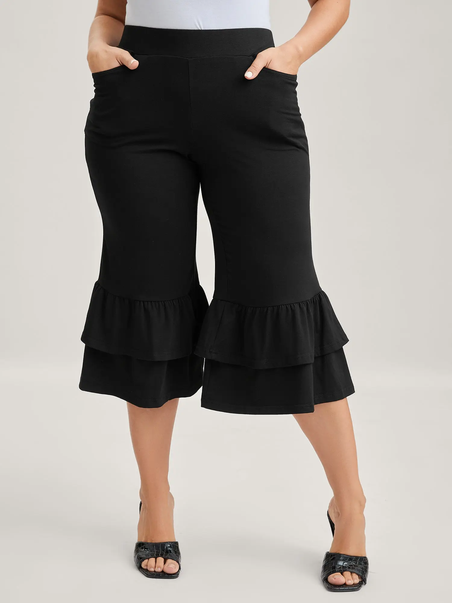 【Y2K】【Pocket Approved】BLOOMCHIC Plus Size Y2K Flare Pants [M-6X] - Black Ruffle Hem Stretch Pants with Pockets, High Waist Casual Comfy Trousers, Trendy Everyday Bottoms,Summerfinds