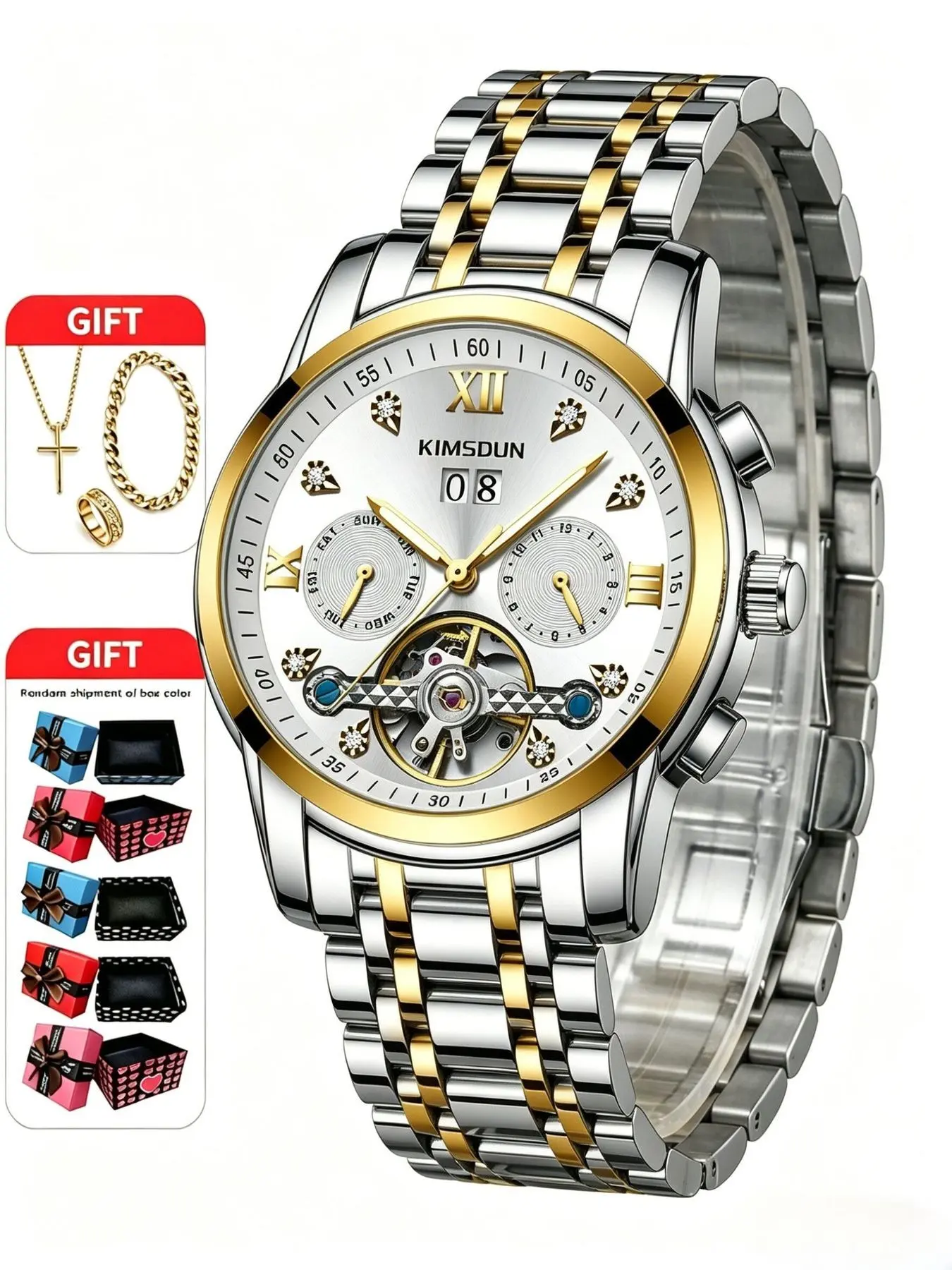 4-piece set of men's silver diamond-encrusted steel band hollowed-out gear automatic mechanical stainless steel watch necklace bracelet ring