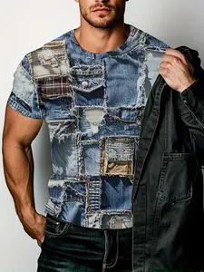 Men's 3D Graphic Casual T-Shirt with Denim Patchwork Design, Comfortable Short Sleeve Top for Fashionable Everyday Wear