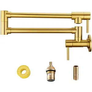 Brass Wall Mount Pot Filler Faucet Champagne Gold Brushed Folding Kitchen Stove Faucet with Double Joint Swing Arms