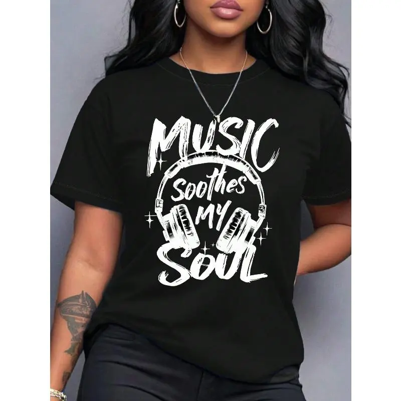 'Music Soothes My Soul' Headset Graphic Tees Letter Slogan T-Shirt, Round Neck Short Sleeved Women Tops