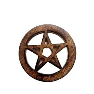 Pentagram Carved Wooden Altar Tile 4" Round