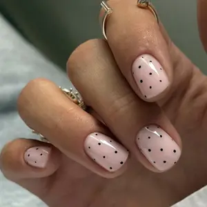 Polka Dot Press on Nails Short Square Fake Nails Pink False Nails Press ons with Designs Black Dots Acrylic Glossy Full Cover Cute Glue on Nails Artificial Stick on Nail for Women Manicure 24 Pcs