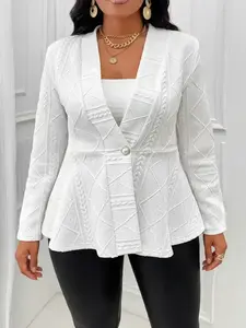 [Plus Size] Solid Textured Aesthetic Elegant Chic Button Front Blazer, Casual Fitted Long Sleeve Deep V Neck Outerwear for Formal Work Office Business, Women's Clothes for All Seasons, Womenswear