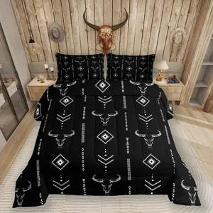 Boho Western Comforter Set,Bohemian Aztec Bedding Set,Exotic Bull Skull Quilt,Rustic Tribal Horns Symbol Mysterious Down Comforter Beddingsets
