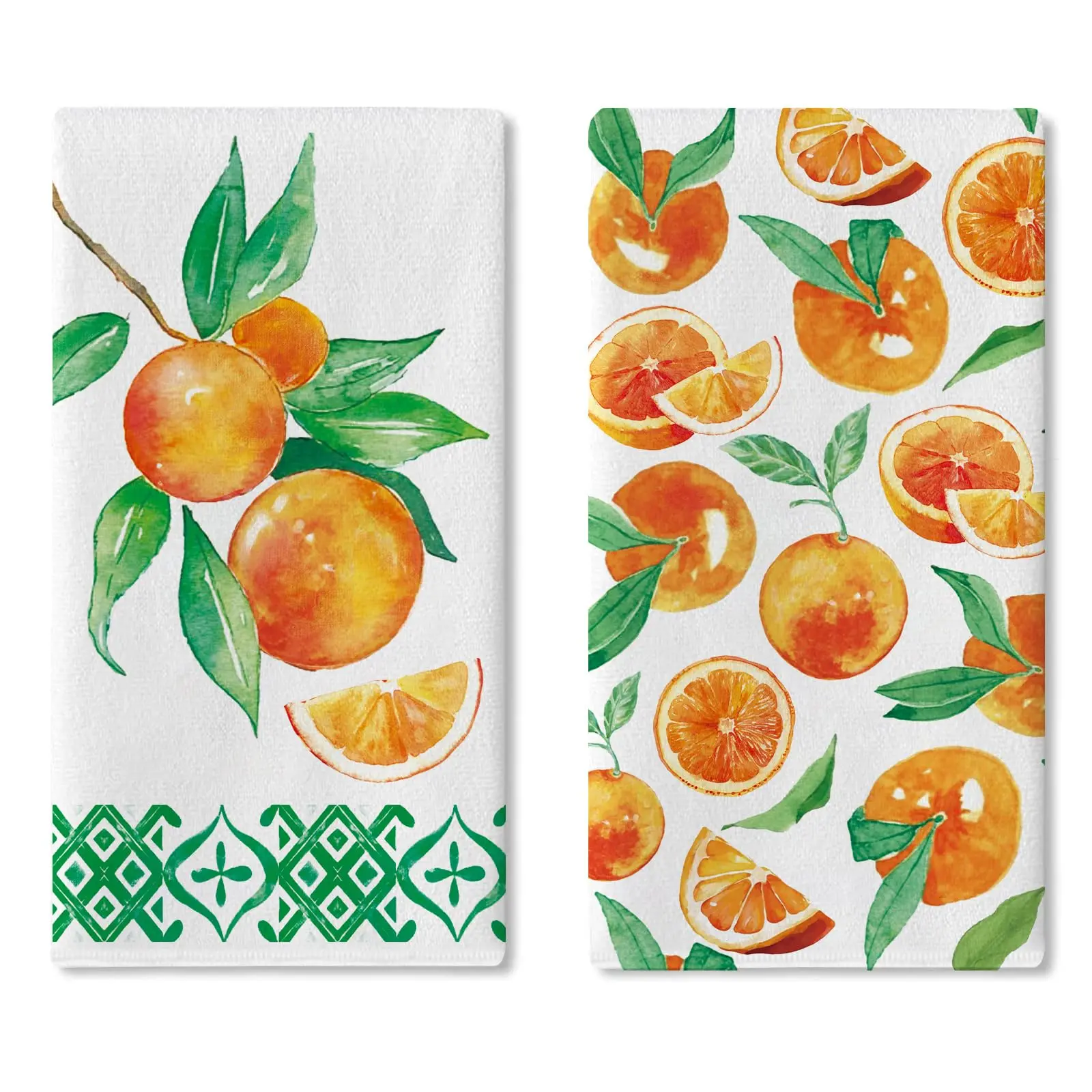 Soft Polyester Citrus Print Kitchen Cloth Set (2-Piece), Watercolor Orange Tangerine Pastoral Drying Hand Towels for Baking/Cooking, Farmhouse Geometric Standard Size (18in x 26in) Home Decor
