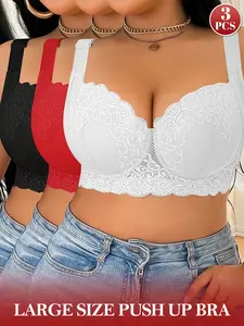 MIMILEMON 3PCS Plus Size Minimizer Bra Set for Women, Full Coverage Padded Underwire, Smoothing Wide Adjustable Straps, Anti-Sagging Contrast Lace, Comfortable Elegance Everyday Lingerie